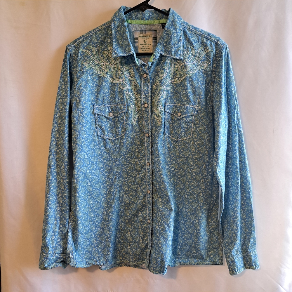 Panhandle Rough Stock Western  Womens shirt L Floral Embroidery w/ rhinestones